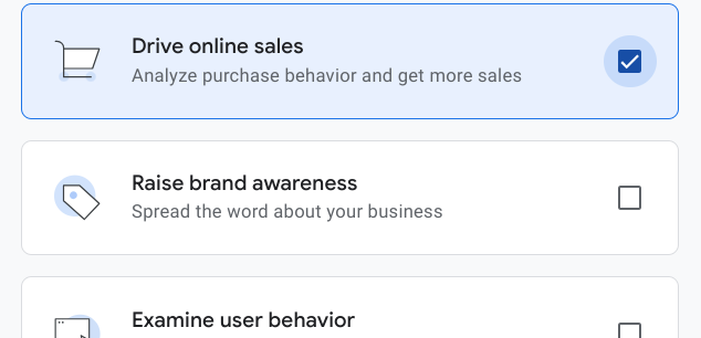 Business objectives selection in Google Analytics